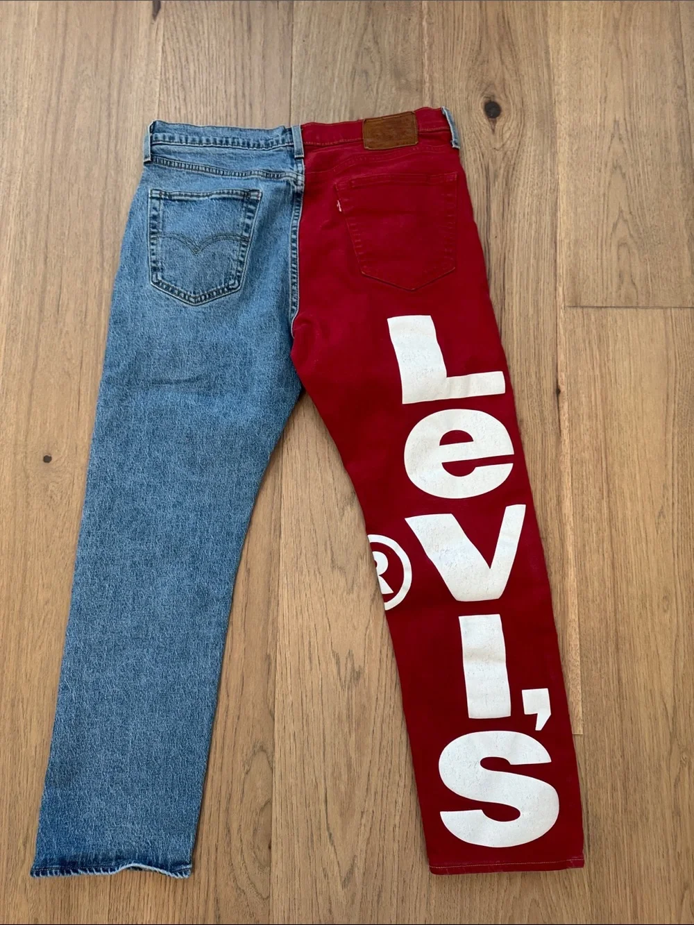 Levi’s 541 Athletic Taper Colorblock Jeans Mens W34 L30 Logo Spellout Red/Denim